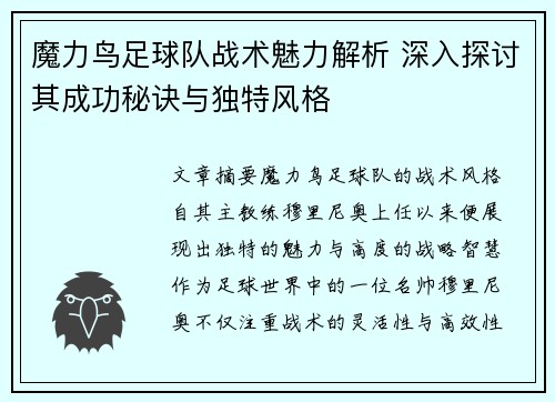 魔力鸟足球队战术魅力解析 深入探讨其成功秘诀与独特风格