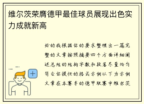 维尔茨荣膺德甲最佳球员展现出色实力成就新高
