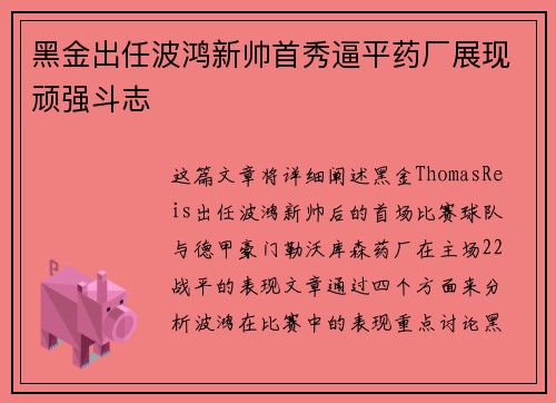 黑金出任波鸿新帅首秀逼平药厂展现顽强斗志 黑金出任波鸿新帅首秀逼平药厂展现顽强斗志